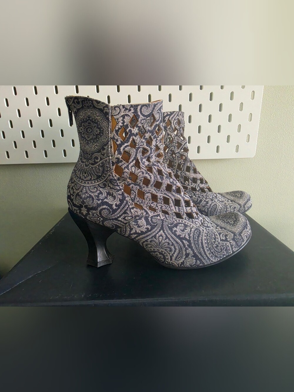 John Fluevog Suede Navy and Cream Paisley Cutout Ankle Boots